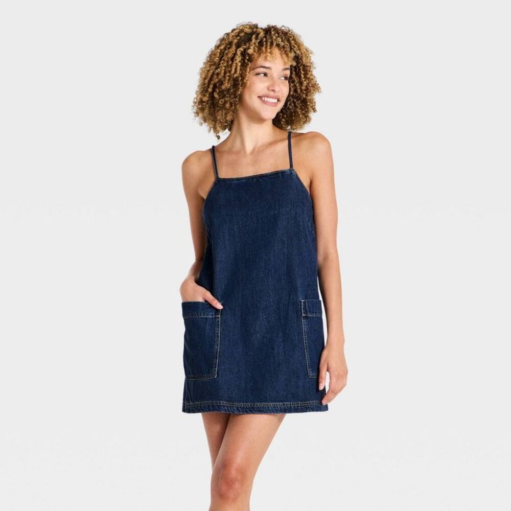 Women's Denim Apron Dress - Universal Thread Dark Wash 16